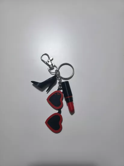 Gözlük Topuklu Ruj Gümüş Zincir Anahtarlık, Çanta Charmı Süsü